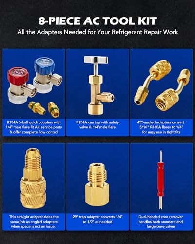 AC Adapter Tool Kit, 8-Piece AC Gauge Hose Conversion Adapters Including
