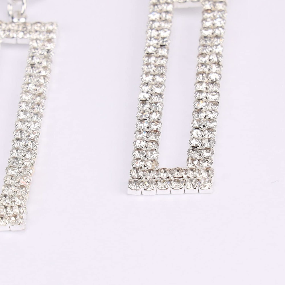 Rhinestone Long Drop Earrings Statement Rectangle Dangle with Circle Studs Fa...