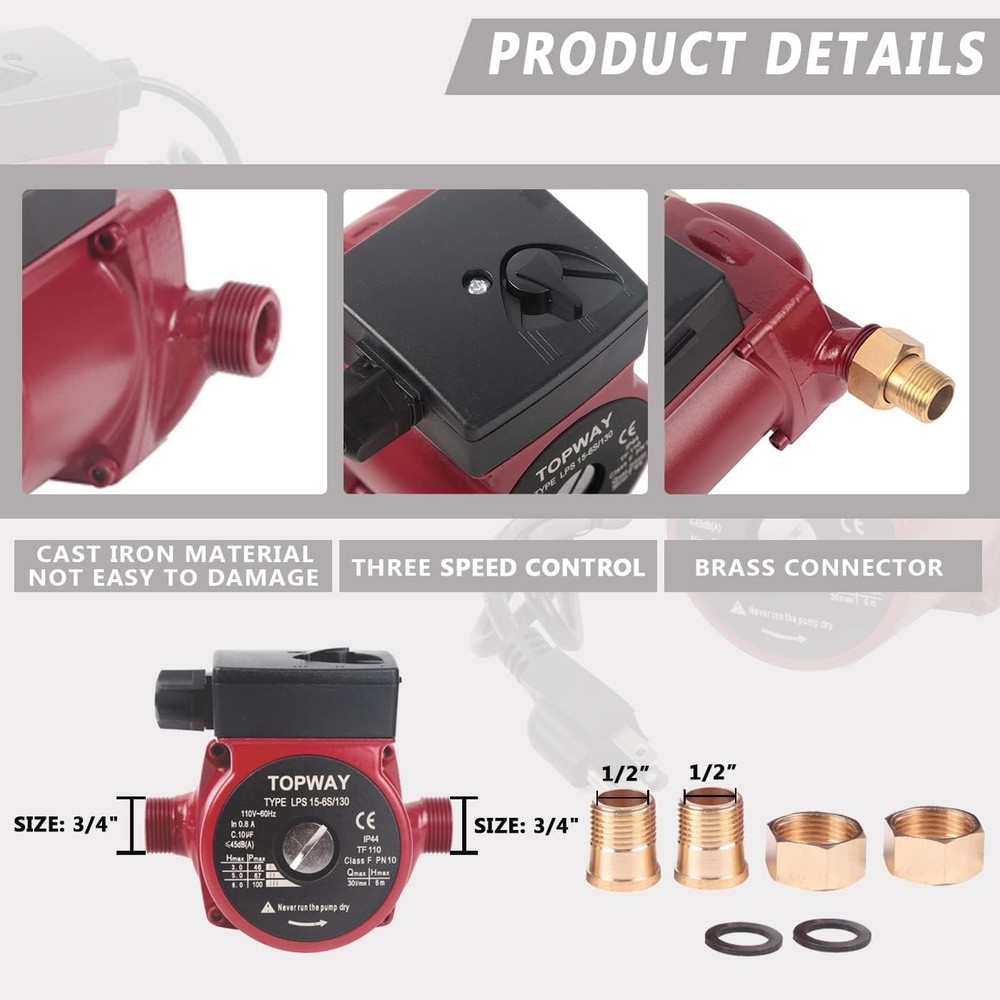 3/4" NPT 110V Hot Water 3-Speed Circulation Recirculating Pump Circulator Pump..