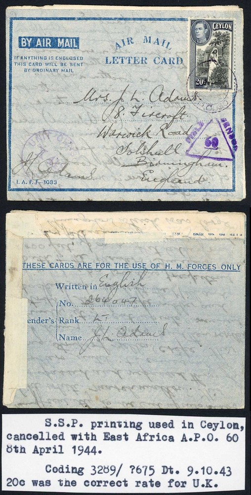 Ceylon 1943 Airmail Censored Lettercard