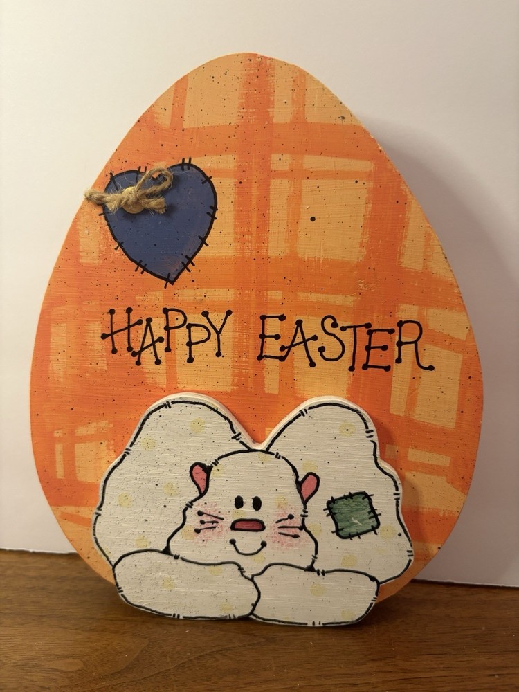 Happy Easter Egg Wood Table Sign Bunny Rabbit 8x6”