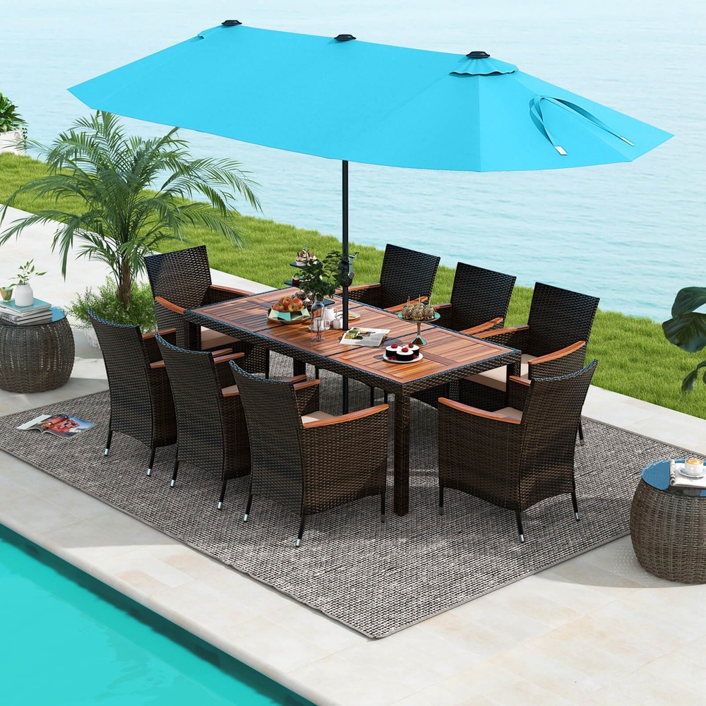 11PCS Patio Wicker Dining Set w/Double-Sided Outdoor Umbrella 8 Stackable Chairs