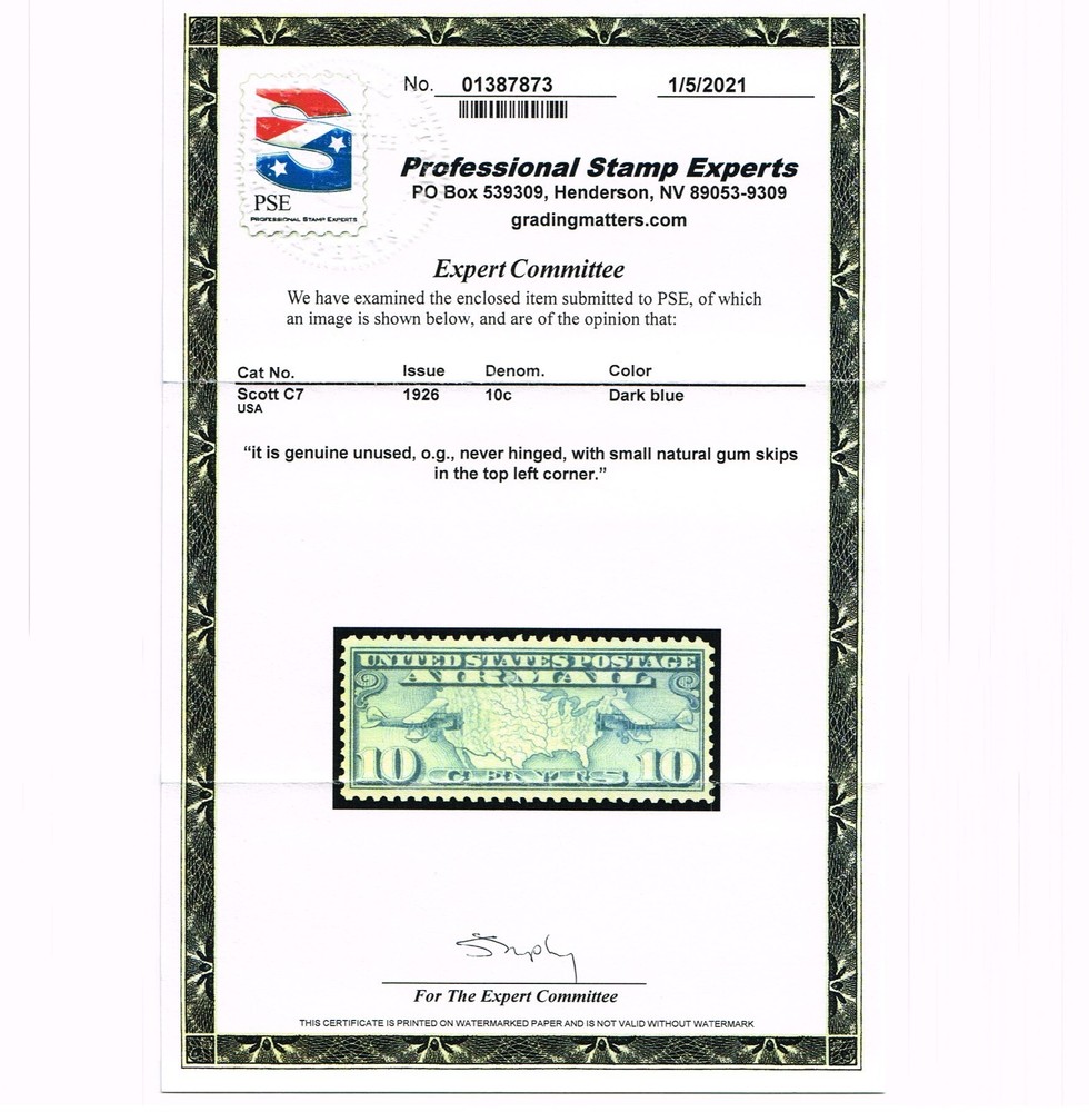 EXCEPTIONAL GENINE SCOTT #C7 MINT PRISTINE OG NH EARLY AIR POST ISSUE PSE CERT