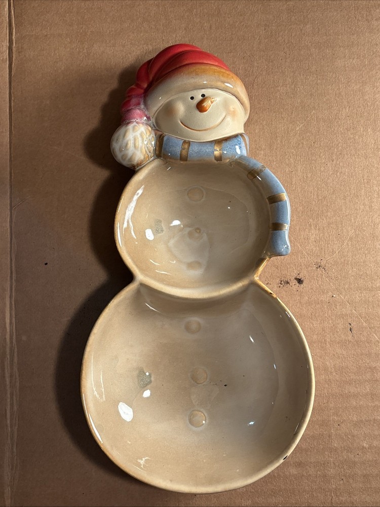 Ceramic Snowman Divided Trinket/ Candy Dish Glazed