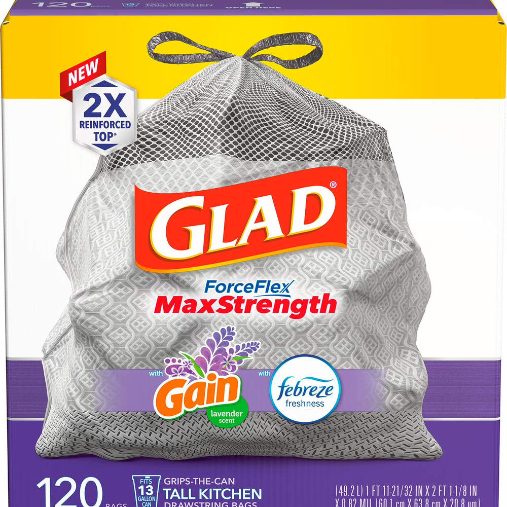 Glad ForceFlexPlus 13 Gal Drawstring Trash Bags, Gain Lavender Scent, 120 Ct