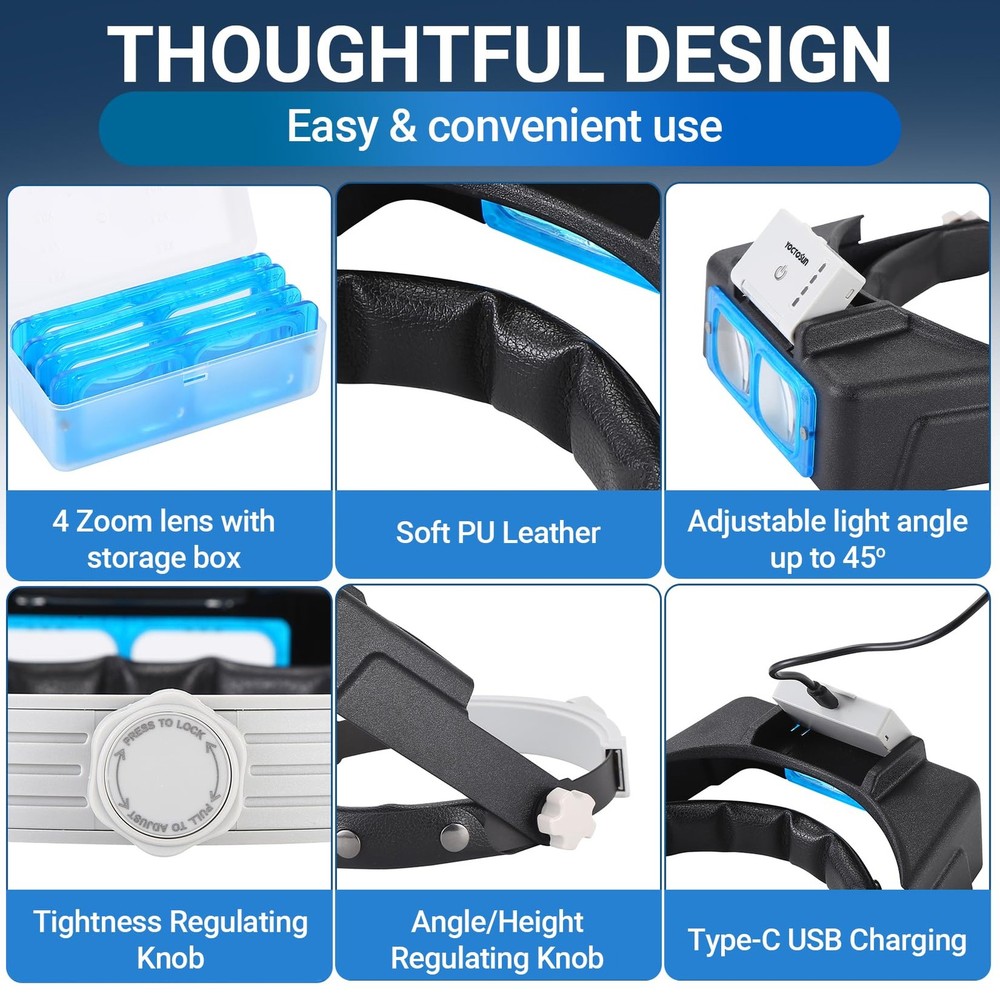 Magnifying Glasses with Light for Close Work, Rechargeable Headband Magnifier...