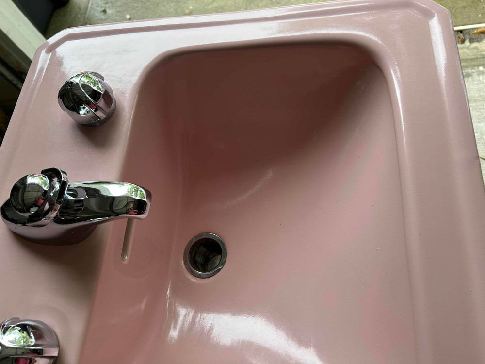 1954 Crane Pink Bathroom Sink - Drop-In - Atomic Chrome Knobs - Square Corners!