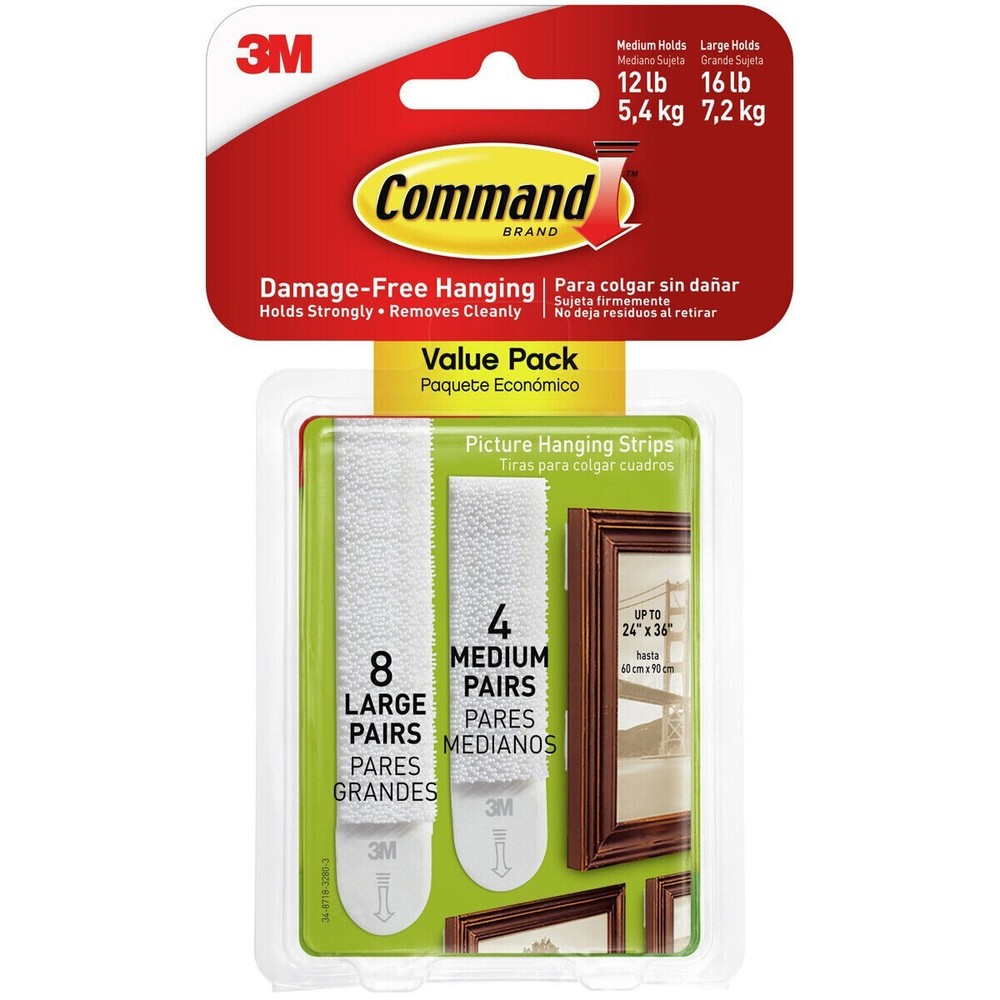 3M-Command Picture Hanging Strips 24/Pkg-8 Medium Strips & 16 Large Strips