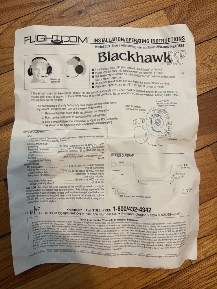 Blackhawk Model 50x Flightcom Aviation Headset