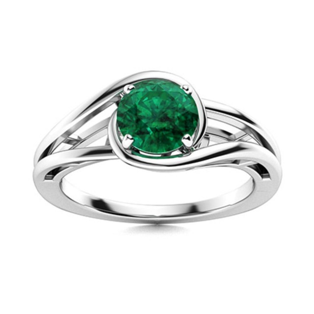 Solitaire 5MM Round Shape Emerald 925 Sterling Silver Split Shank Wedding Ring