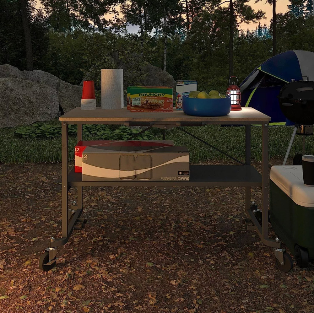 Folding Workbench Work Table w/ Wheels Bottom Shelf Storage for Workshop Garage