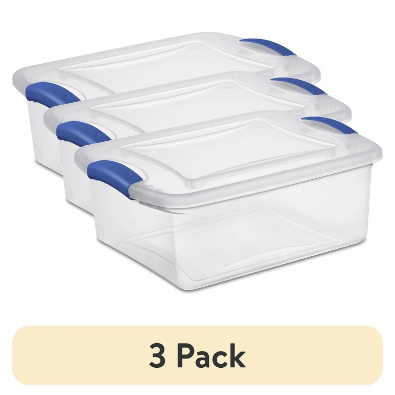 (3 pack) Sterilite, 15 Quart Clear Storage Bin, Latch Box Storage Container,Blue