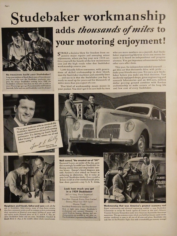 1939 vintage Studebaker automobile print ad, Frank E Reilly