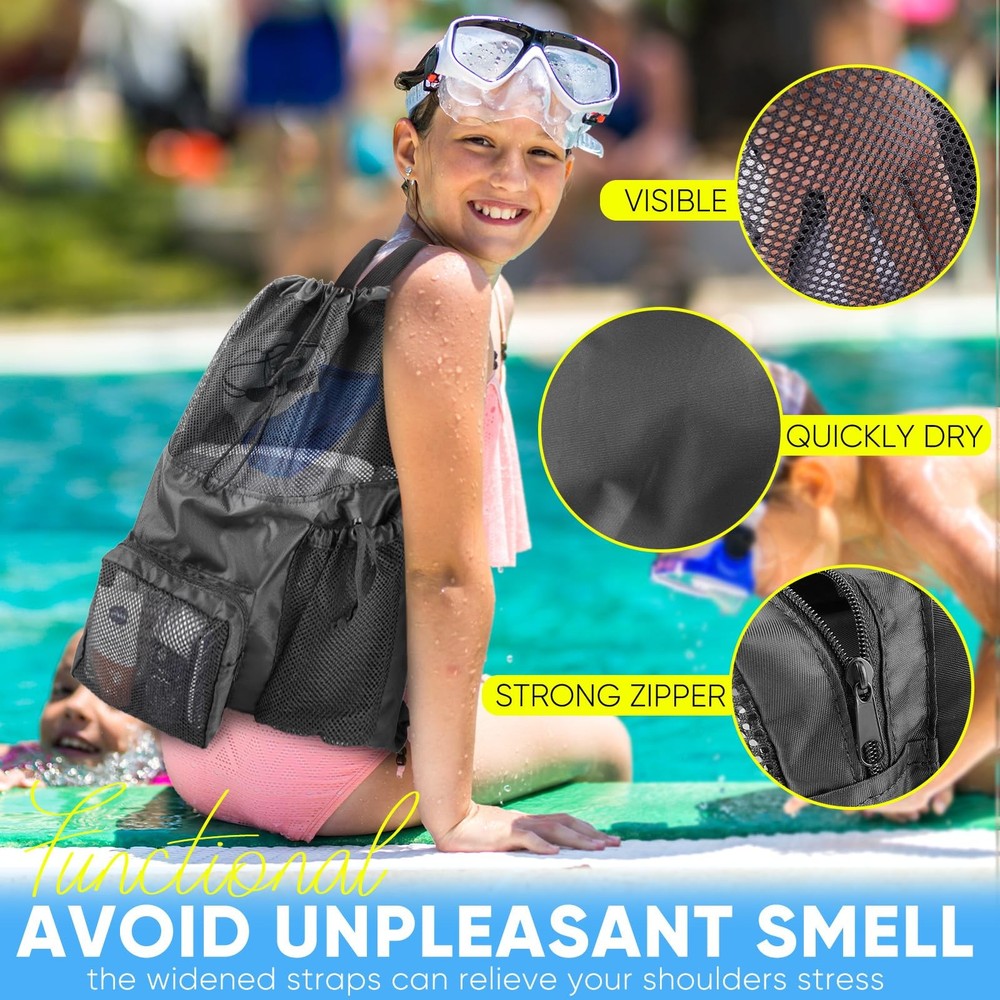 Swim Backpack Mesh Bag, Large Waterproof Drawstring Beach Pool