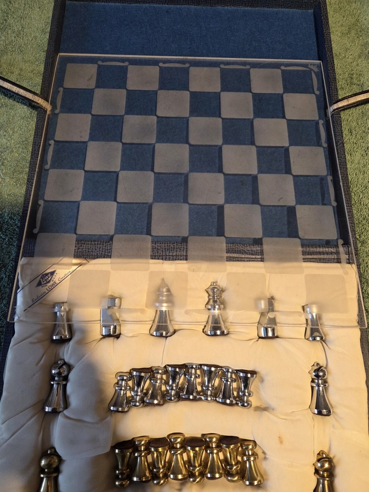 Vintage E. S. Lowe Exclusive Creation Chess Set, Nice Metal Pieces, Board & Case
