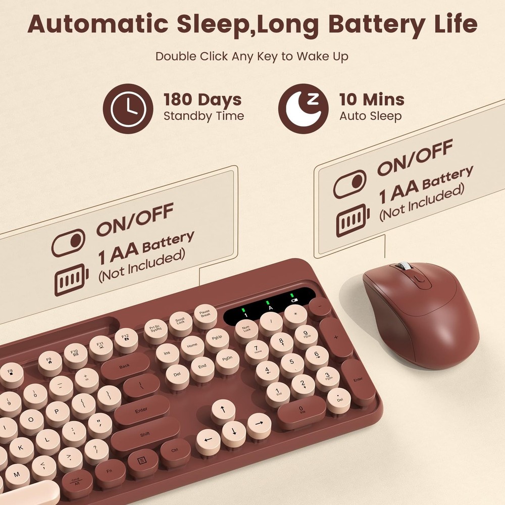 Wireless Keyboard and Mouse Combo, Retro Round Keycaps, Full-Size Stylish Typ...