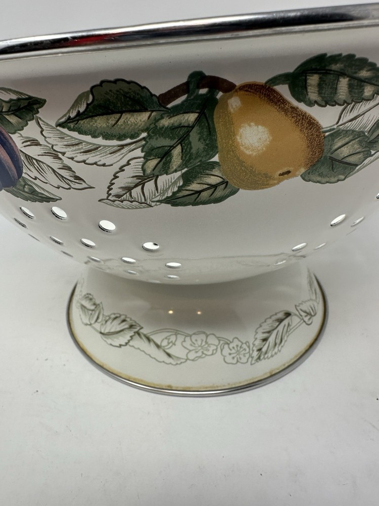 VTG White Enamel Colander Fruit Pattern