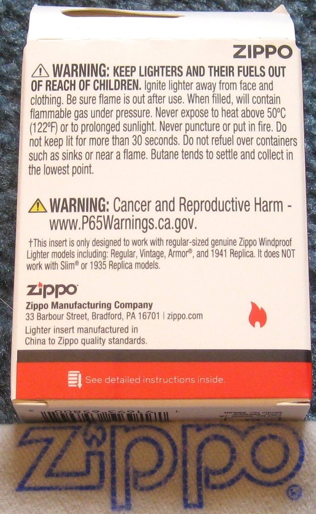 ZIPPO Empty NEW YELLOW FLAME Lighter BUTANE INSERT Empty 65800 ODORLESS Cooler