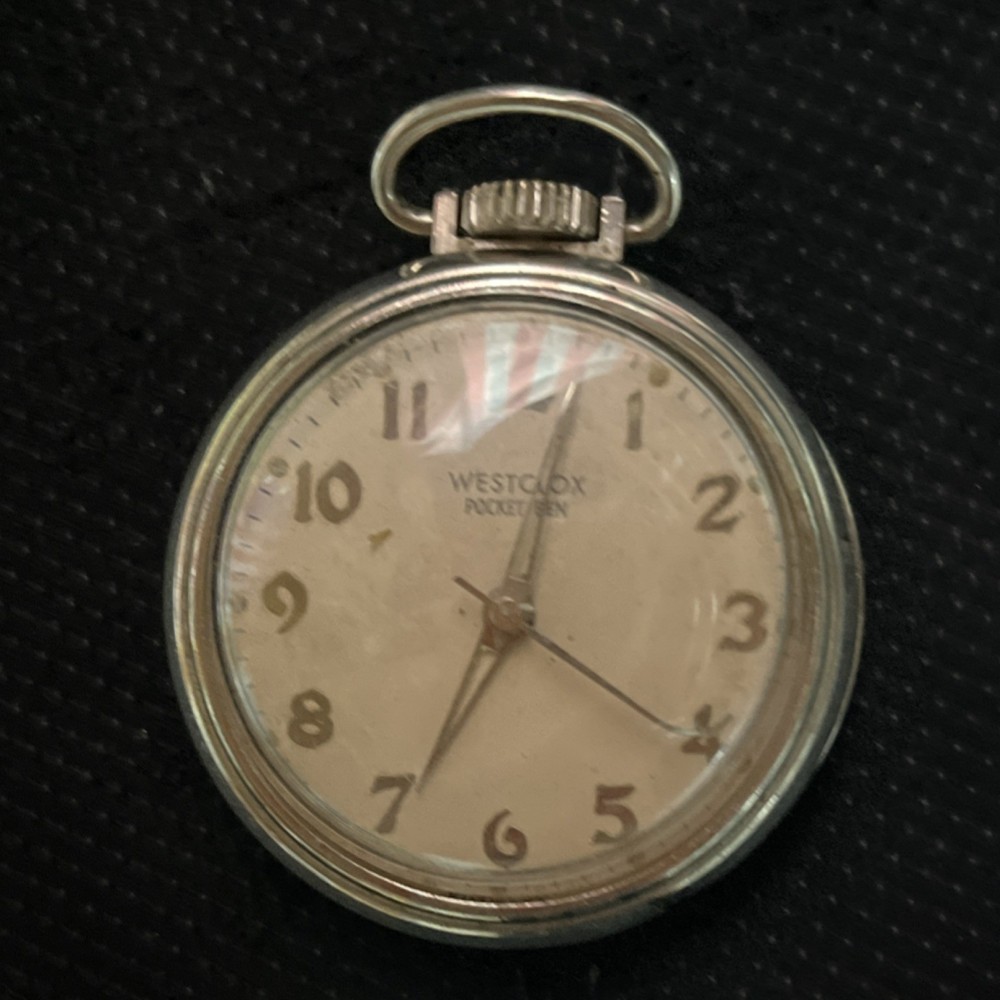 Silver Tone Pocket Watch White Dial Arabic Numerals Analog Open Face