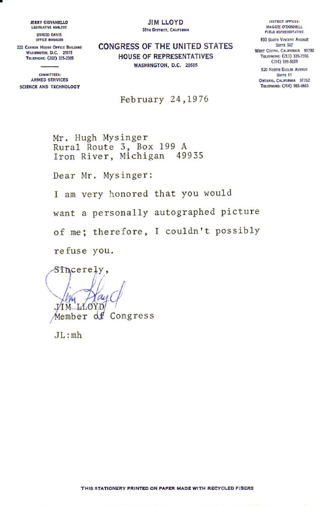 JIM LLOYD (d.2012) - U.S. Representative (D-CAL)(75-81) - Autograph Letter