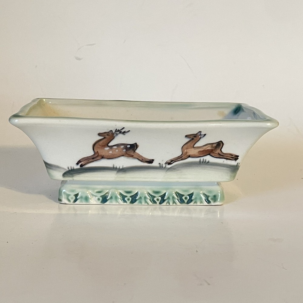 Vintage Rectangular Planter Painted Deer 5.75"x3.5" Japan Retro MCM