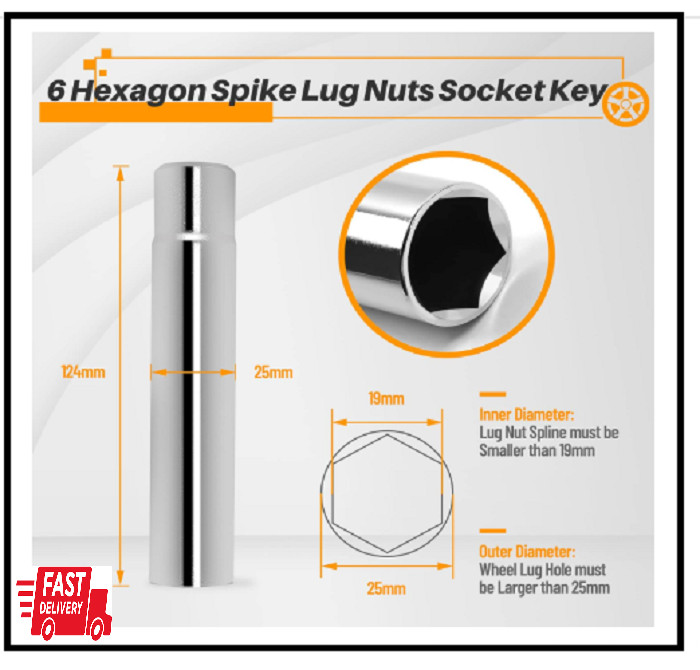 Spike Lug Nuts Socket Key - Solid Socket with 19Mm Hex, Universal Spiked Lug Nut