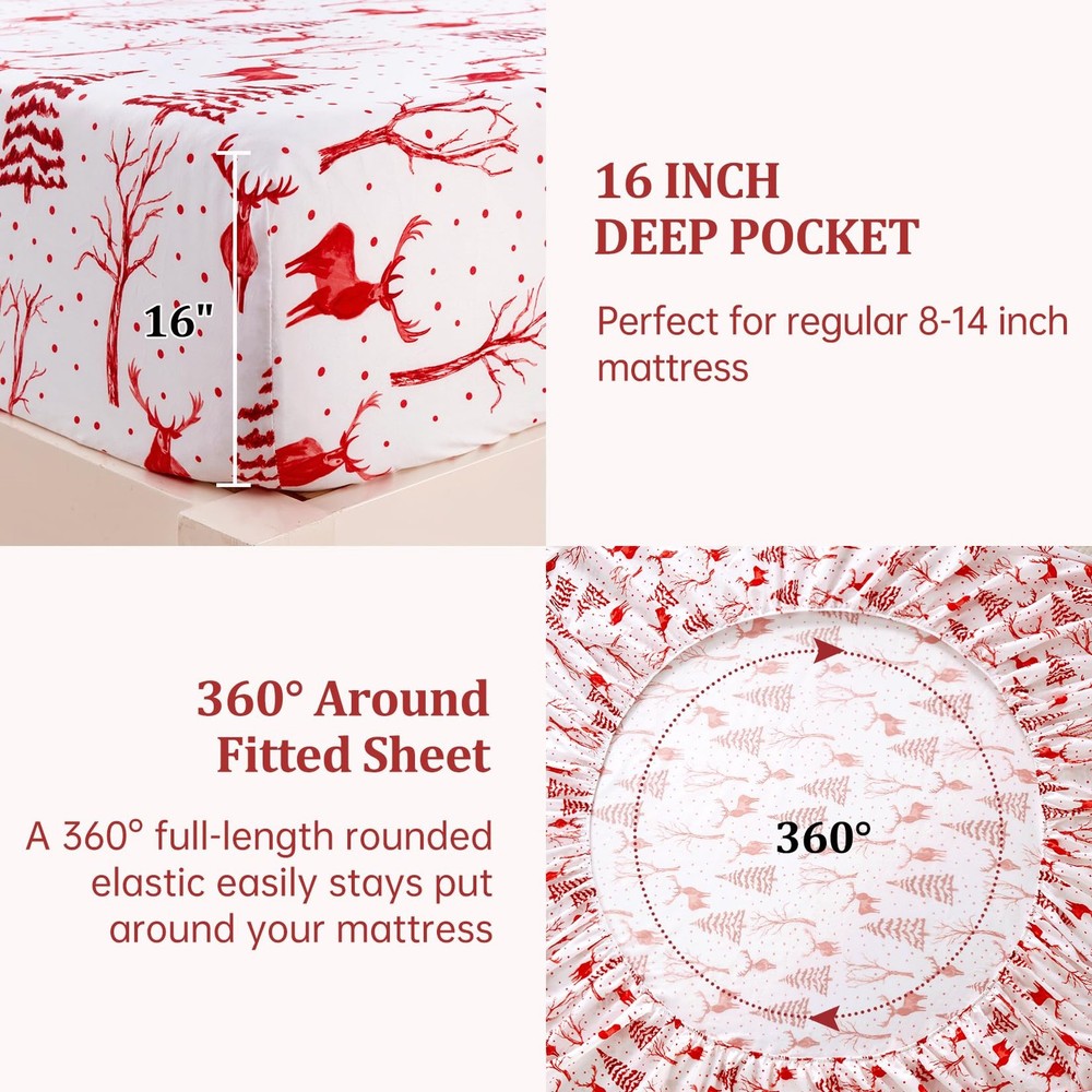 Christmas Sheets Queen, Soft Brushed Microfiber Bed Sheet Set, 16 Inches Deep...