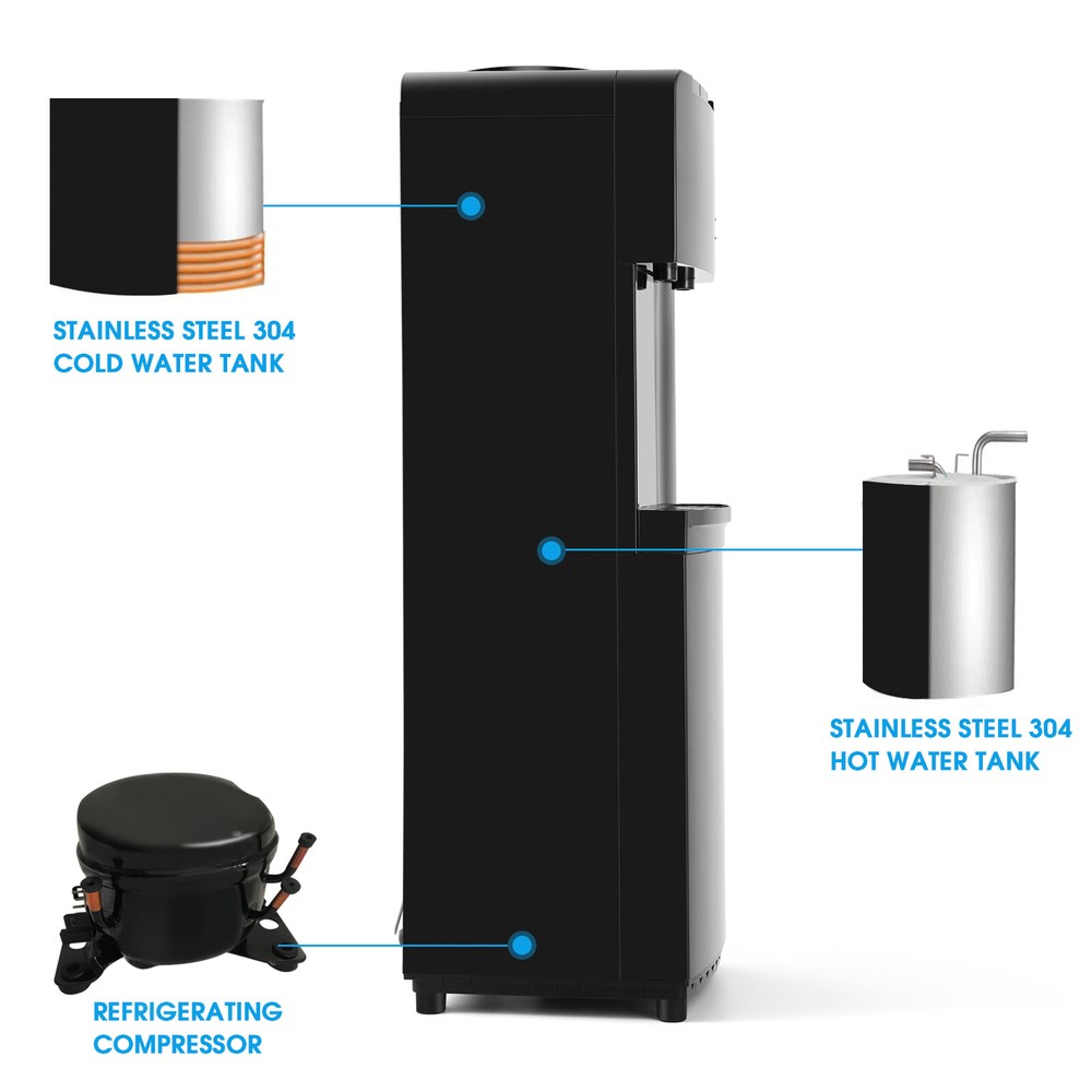 Top Loading Hot/Cold Water Dispenser Compressor Refrigeration Water Cooler Black