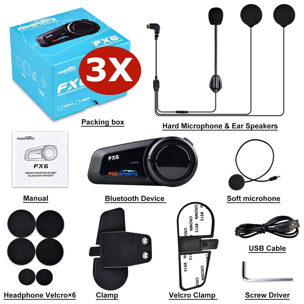 3x FX6 Motorcycle Intercom Helmet Bluetooth Headset 6 Riders Group Communication