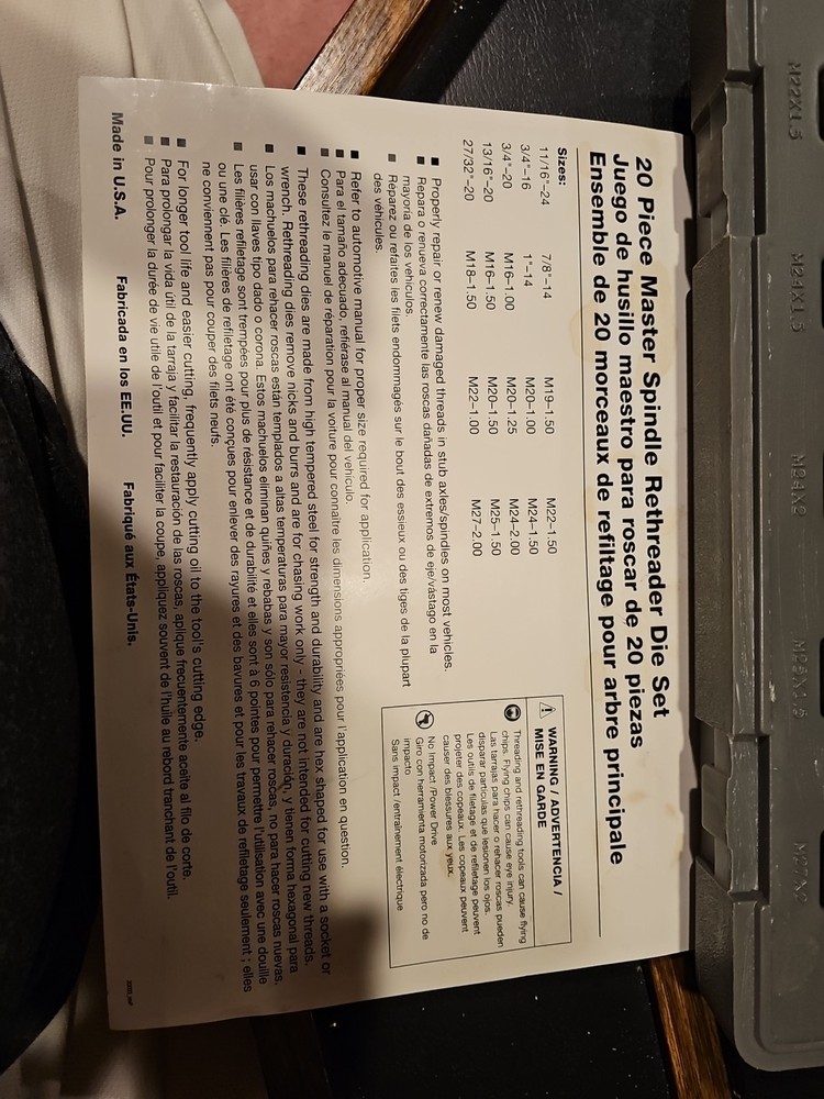 Matco Tools #SR20K "Master Spindle Rethreader Die Set" 20 Pieces