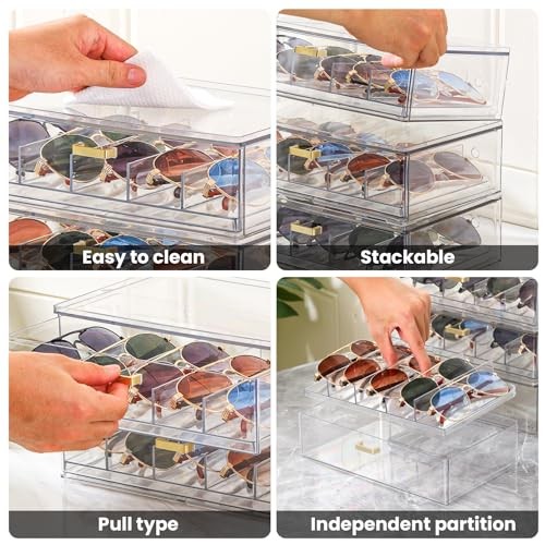Clear Acrylic Sunglasses Organizer, Stackable Eyewear Storage with Gold 3 Pack