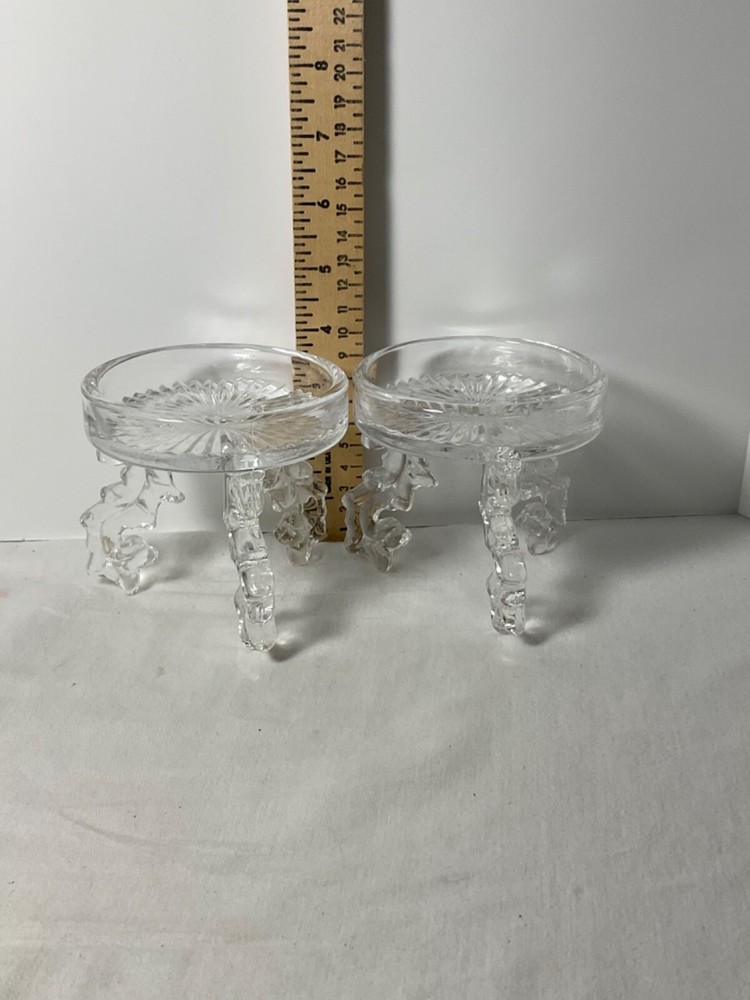 Two glass decorative stemmed candle holders 4” Unique design