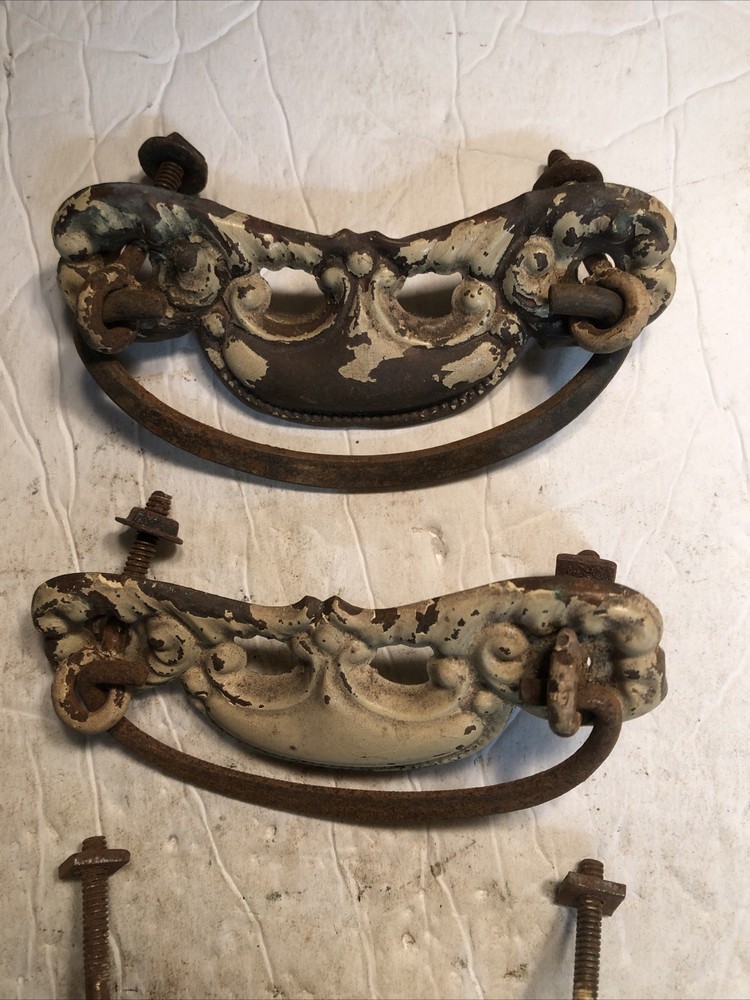 4 ANTIQUE Brass DRAWER PULLS VICTORIAN DROP HANDLE 3” centers—Shabby Chic