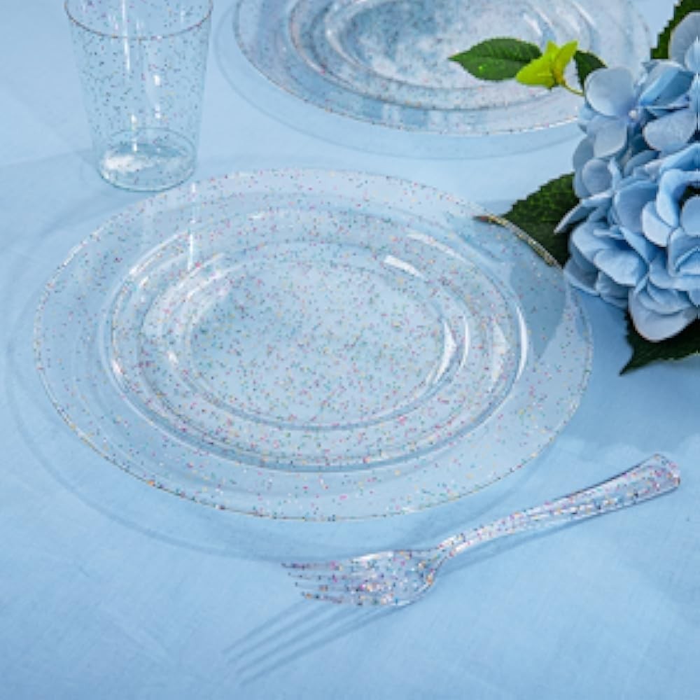 Rubtlp Glitter Plastic Plates with Glitter Disposable Sierware, Clear