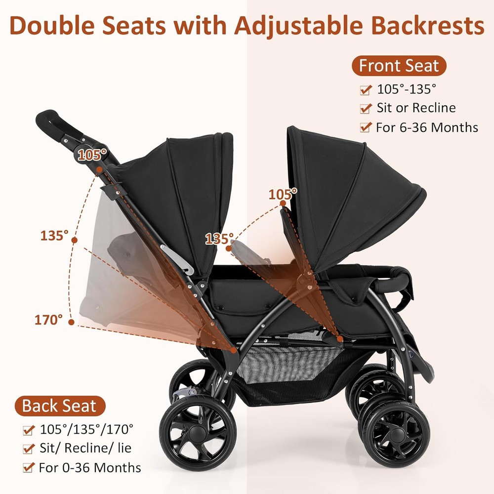 Compact Foldable Twin Stroller with Canopy & Safety Features - Black