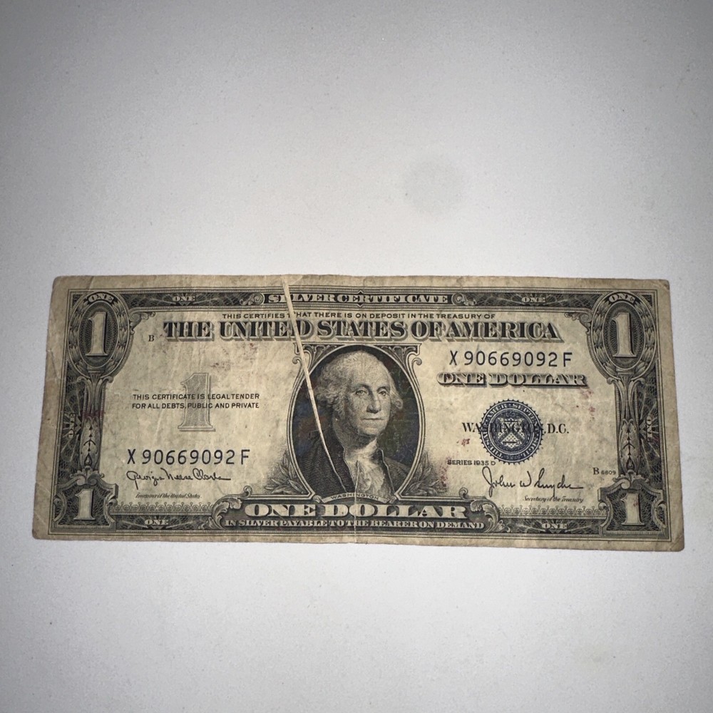 Unique $1  Dollar 1935D  Error Fold Print Blue Seal, Silver Certificate U.S. $1