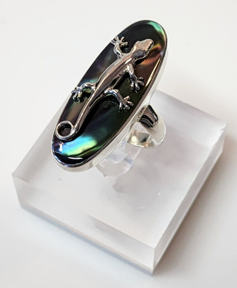 LIZARD GECKO STATEMENT RING 925 Silver IRIDESCENT Black Shell Size 8 BALI