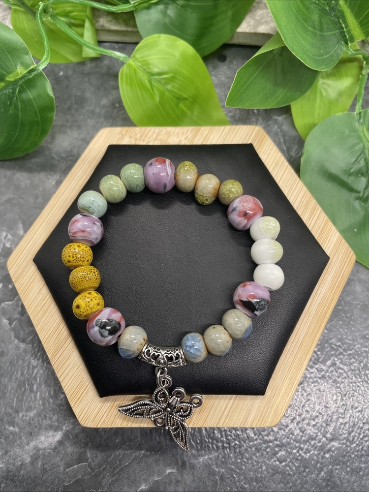 Handmade Ceramic Bead Beaded Stackable 6.5” Plus Stretch Bracelet New B212