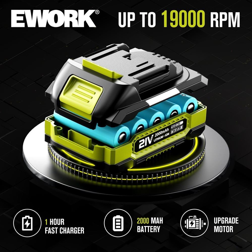 EWORK Small Leaf Blower Cordless 21V Powerful 2*2.0Ah Battery, Green