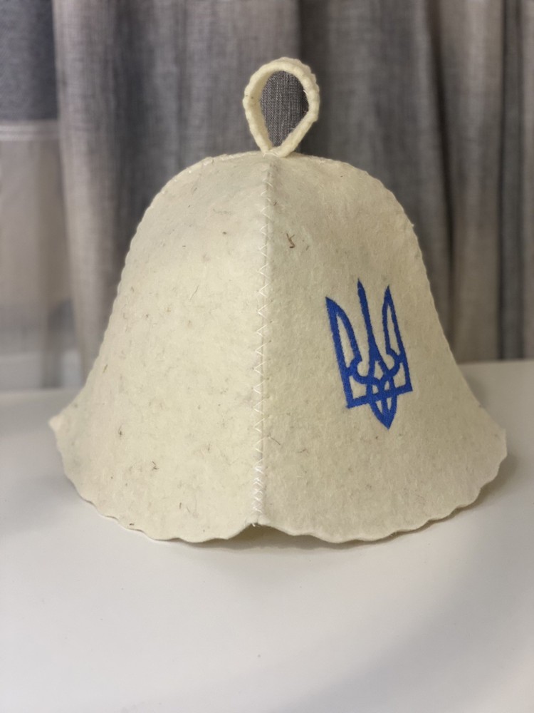 Wool Sauna Hat Bell with Red Embroidered Pattern - Natural Felt Bath Hat