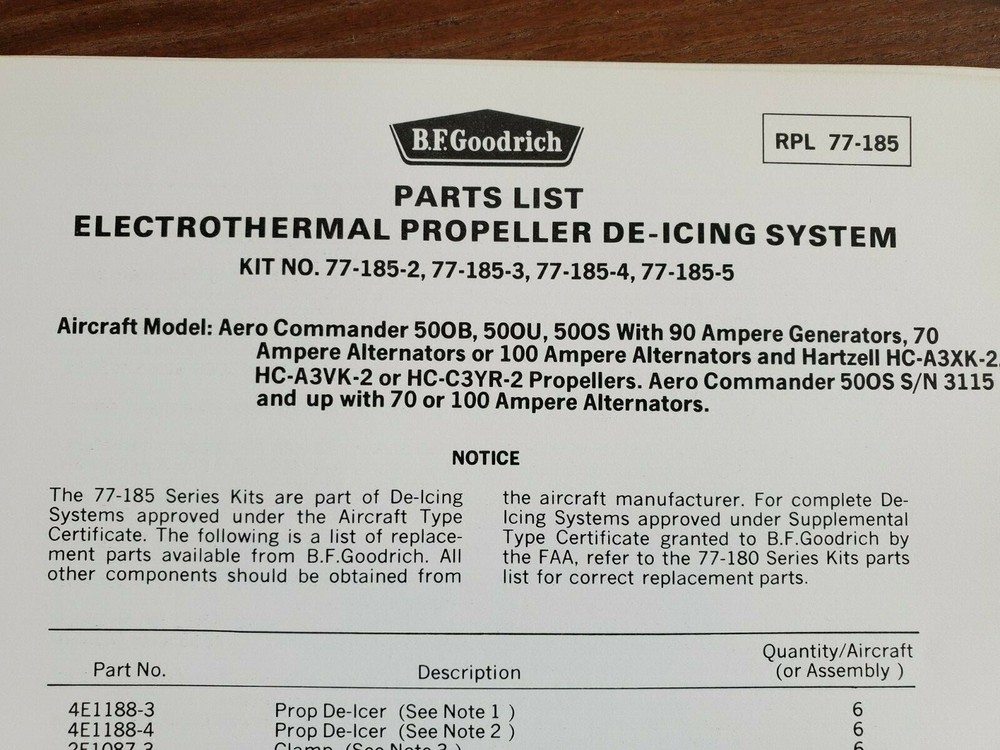 AERO COMMANDER MODELS 500S 500U BF GOODRICH PROPELLER DE-ICING SYSTEM DATA SHEET