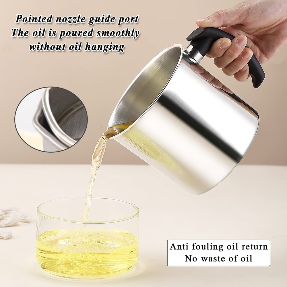 Kyraton Bacon Grease Container With Strainer, 48 oz 1. Silver, Silver