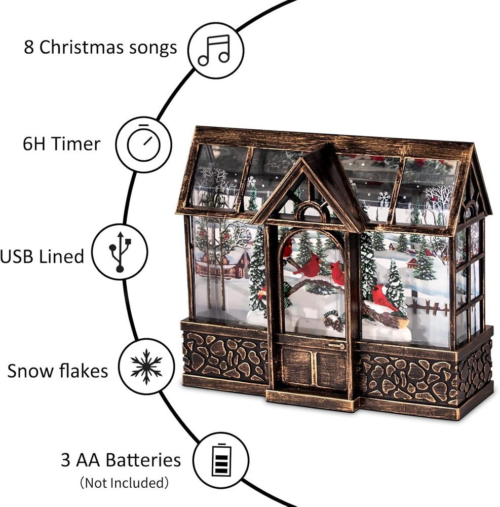 Christmas Cardinal Snow Globe Lantern with Music & Timer, USB/Battery