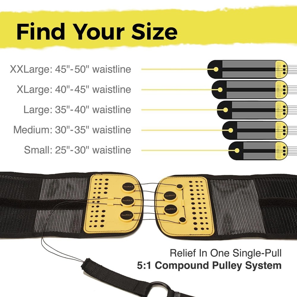 BaxMAX Adjustable Back Brace with 5-to-1 Compression Pulley System for Lumbar...
