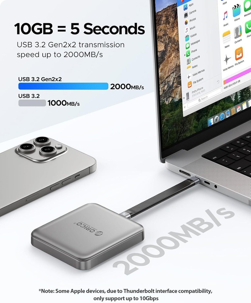 ORICO 2TB Magnetic External SSD 2000MB/s Portable Solid State Drive 4K