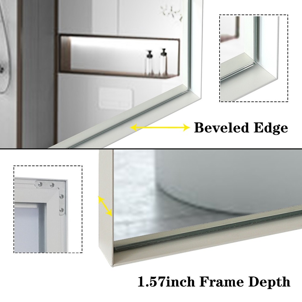 40x30 Inch Glossy White Rectangular Wall-Mounted Bathroom Mirror with Beveled