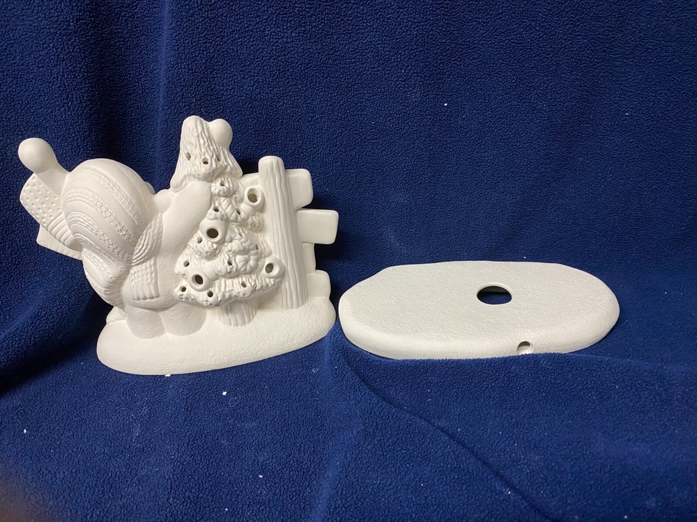 God Bless ____ ____ Snowman with Tree & Base Light Ceramic Bisque Ready to Paint