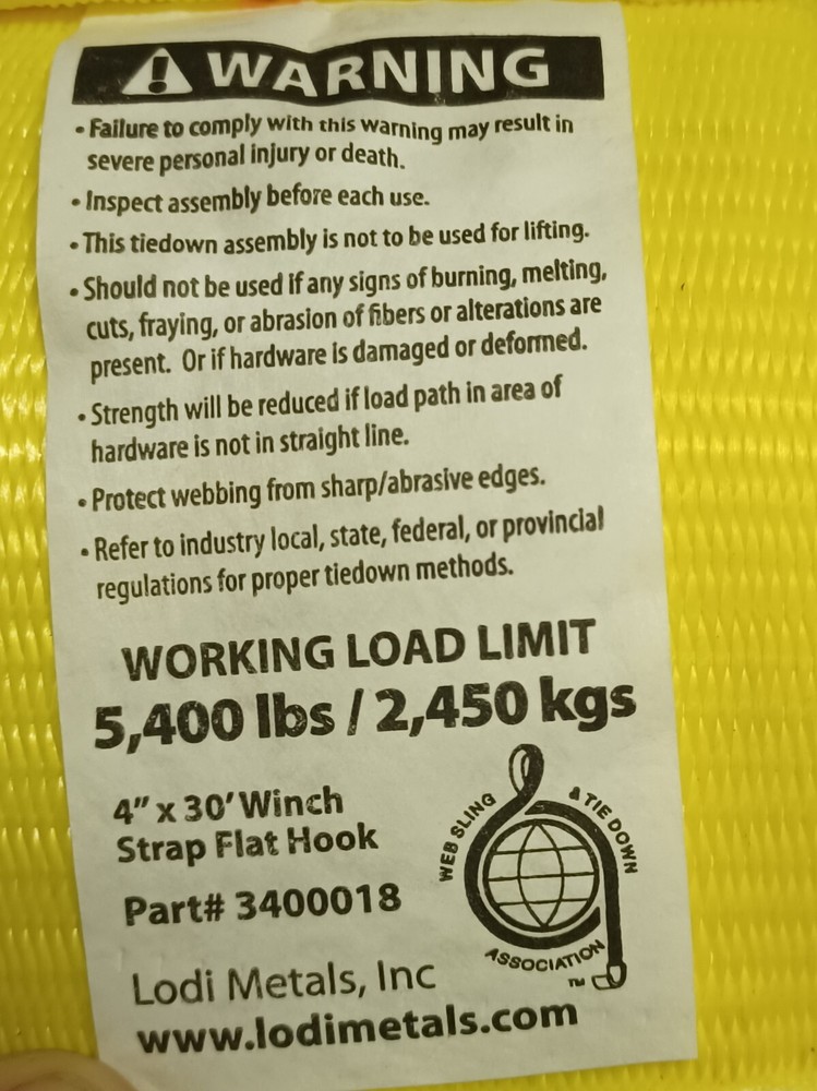 Tie Down Strap 5,400lbs 4"x30' Winch Strap Flat Hook #3400018