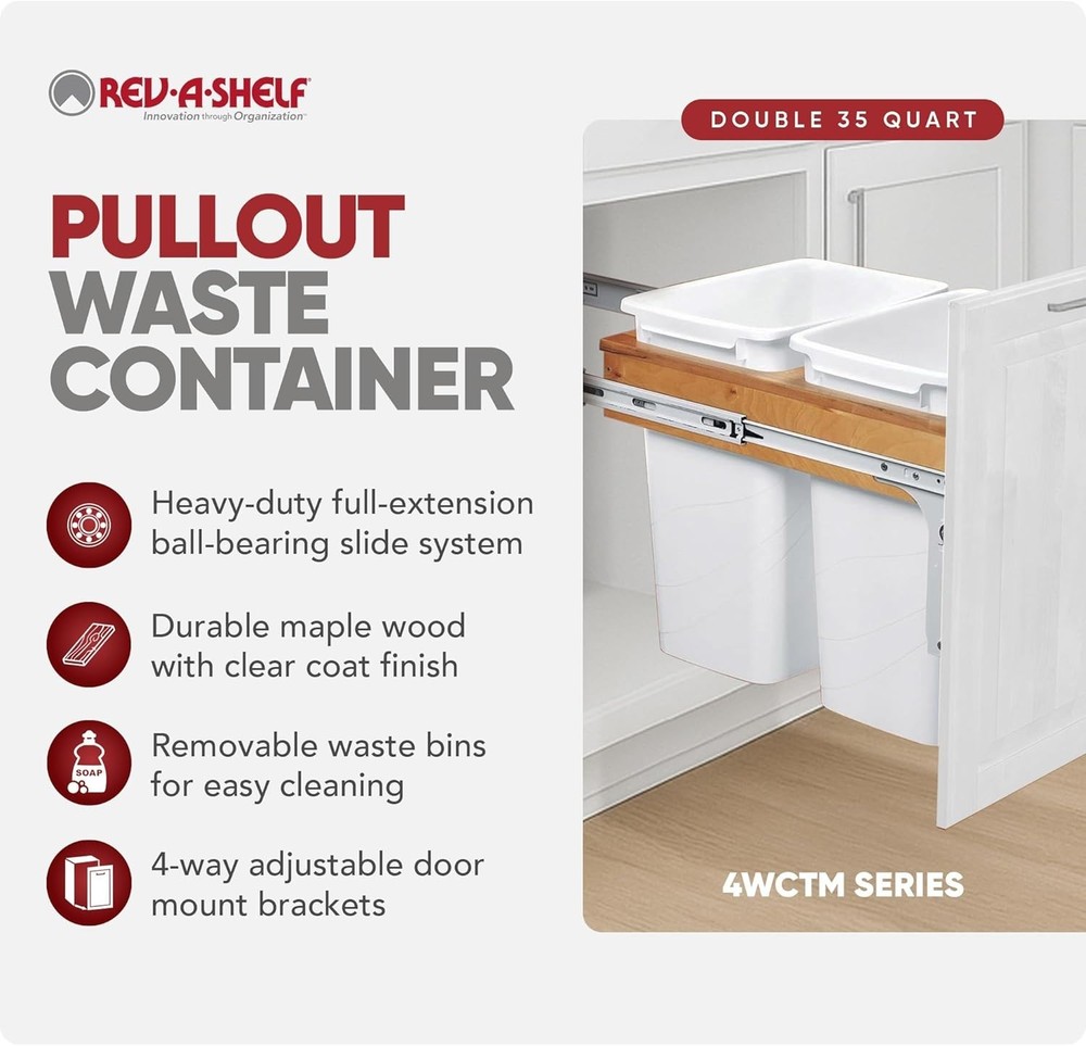 Rev-A-Shelf Top Mount Double Pullout Under Cabinet Trash Can, 35 Qt