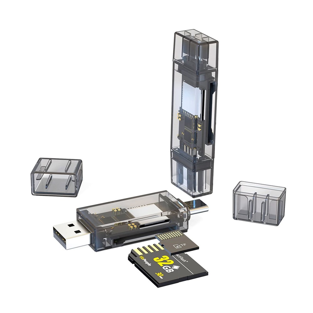 2 Pack USB SD Card Reader for PC, Micro 2 USB_USB-C, Transparent Black